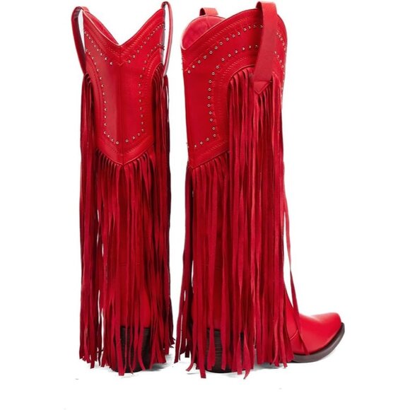 Women's Fashion Pointed Toe Chunky Pull On Knee High Heel Embroidered Red Boot - Picture 3 of 8